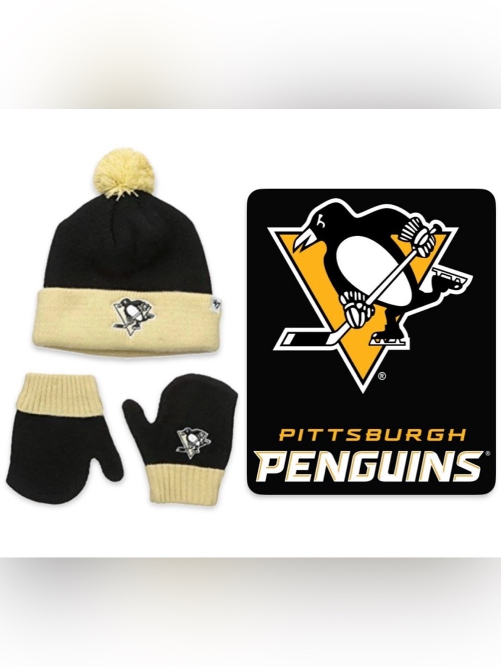 NWT [‘47] Pittsburgh Penguins 🐧 NHL Knit Beanie Hat & Mittens Set Black, Infant